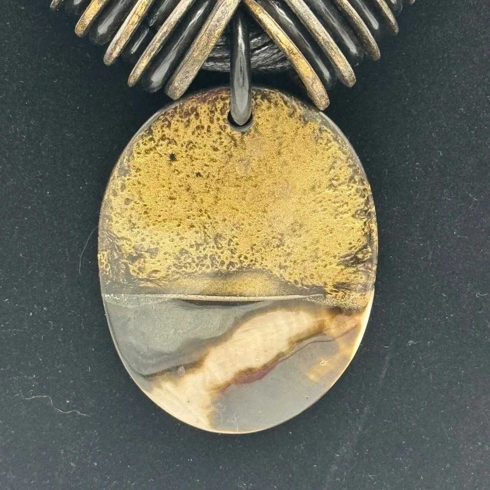 Vtg Modernist Multi Strand Cord Bib Necklace Gold Leaf Glazed Ceramic Disc Penda